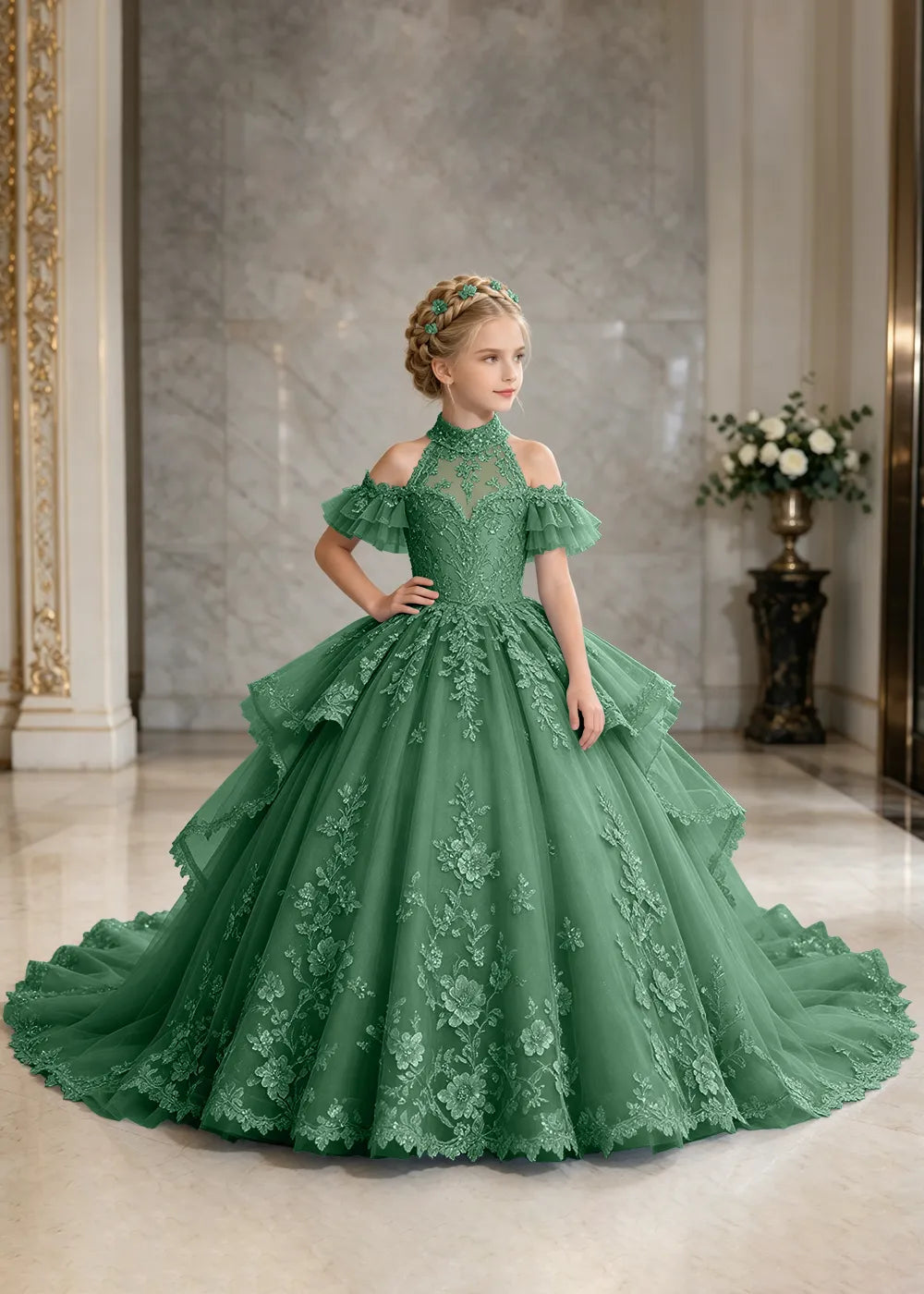 Illusion Neck Peplum Lace Flower Girl Ball Gown Dress