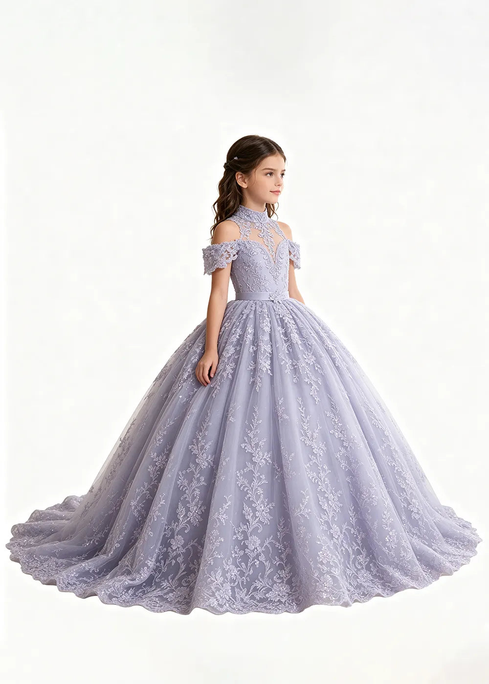 Lavender Flower Girl Gown with Floral Neckline and Train