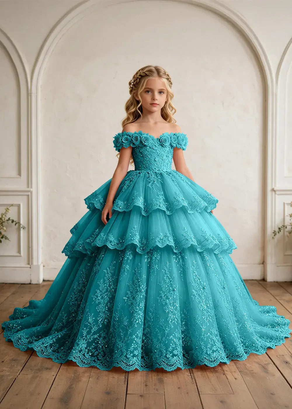 Off Shoulder Floral Lace Princess Ball Gown for Girls