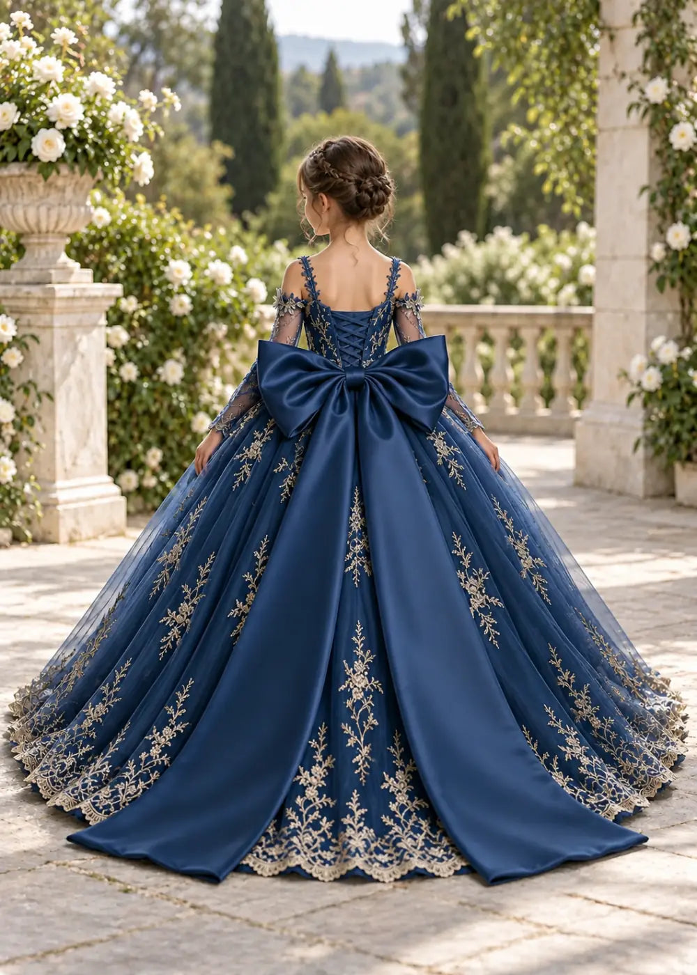 Navy Blue Gold Lace Flower Girl Gown with Floral Straps and Train