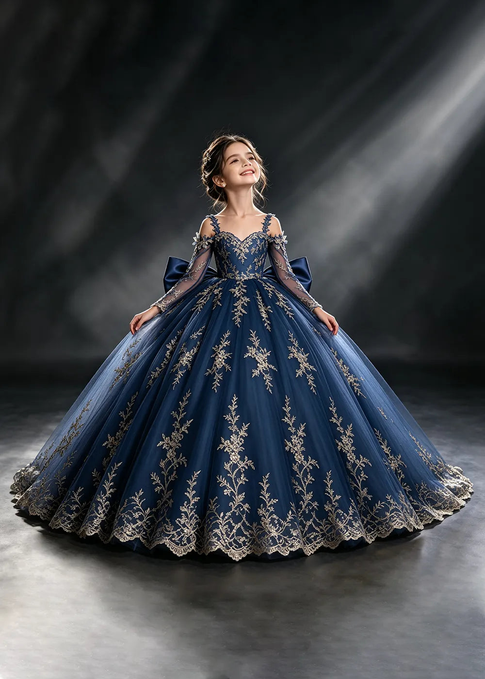 Navy Blue Gold Lace Flower Girl Gown with Floral Straps and Train