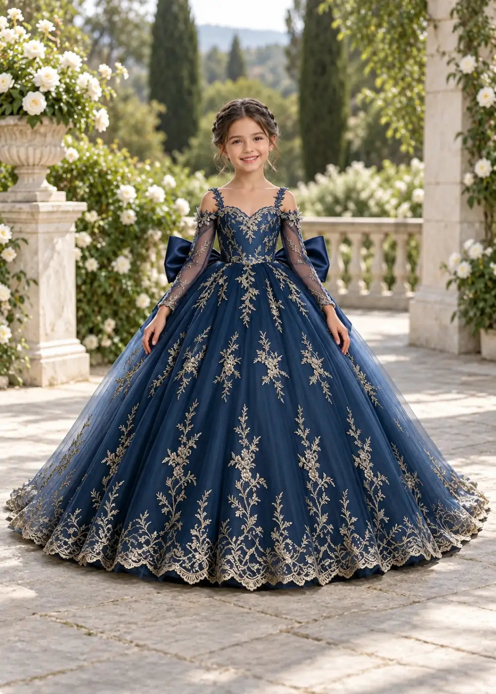 Navy Blue Gold Lace Flower Girl Gown with Floral Straps and Train