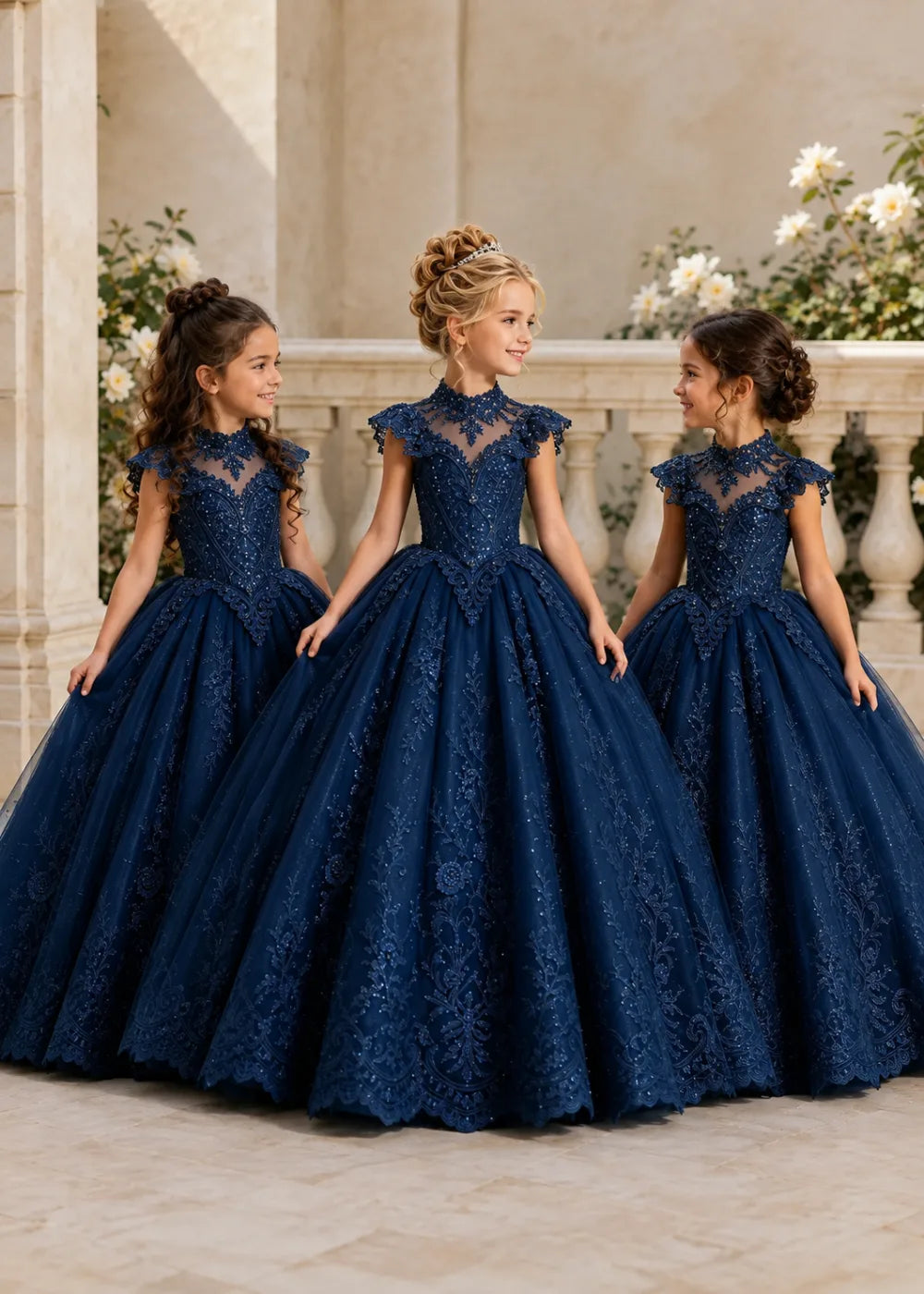 Navy Flower Girl Ball Gown with High Floral Collar