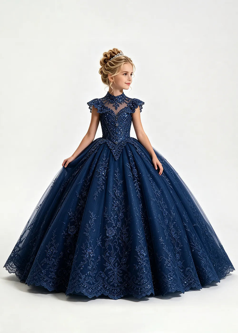 Navy Flower Girl Ball Gown with High Floral Collar