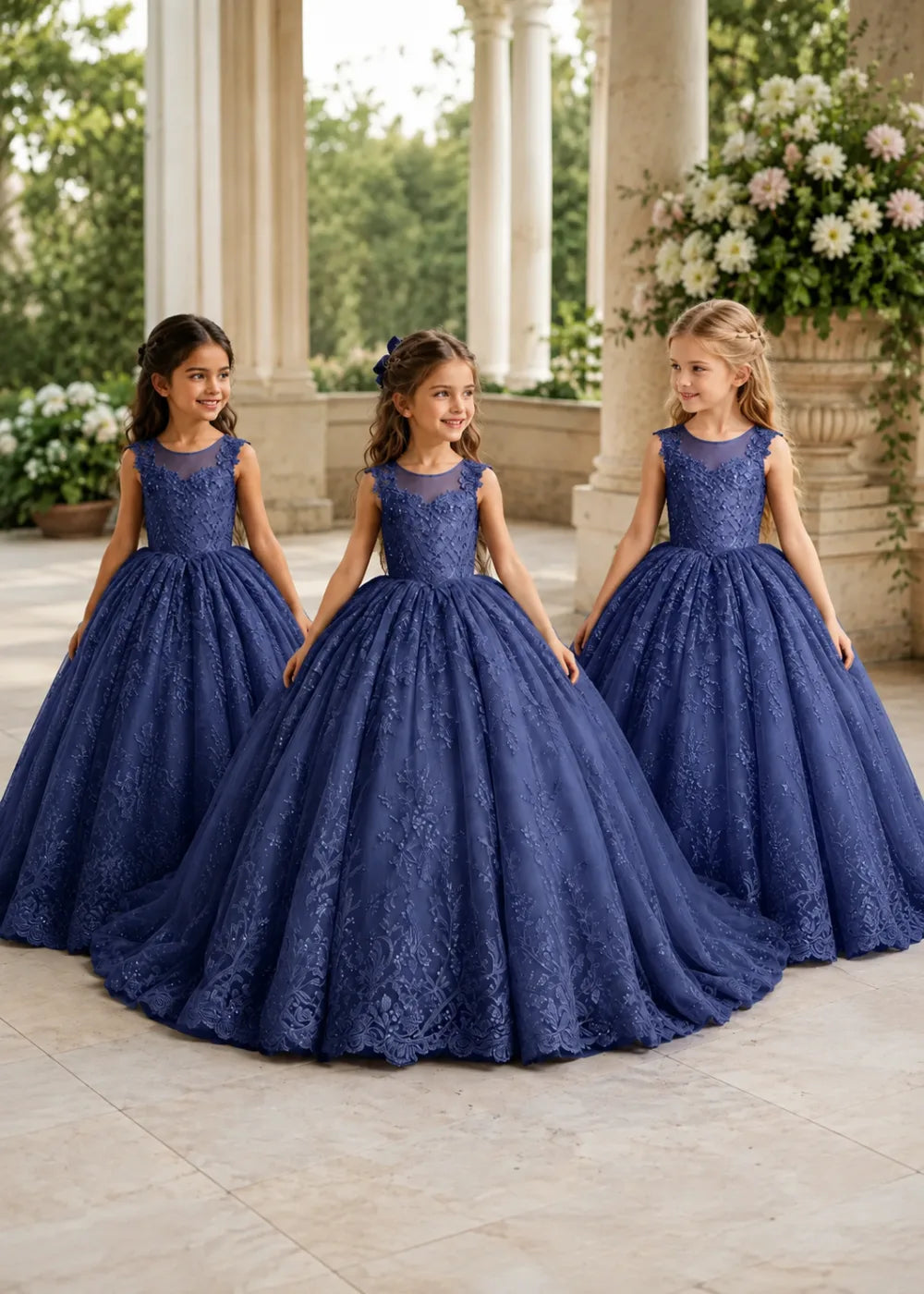 Navy Sleeveless Flower Girl Gown with Scalloped Train