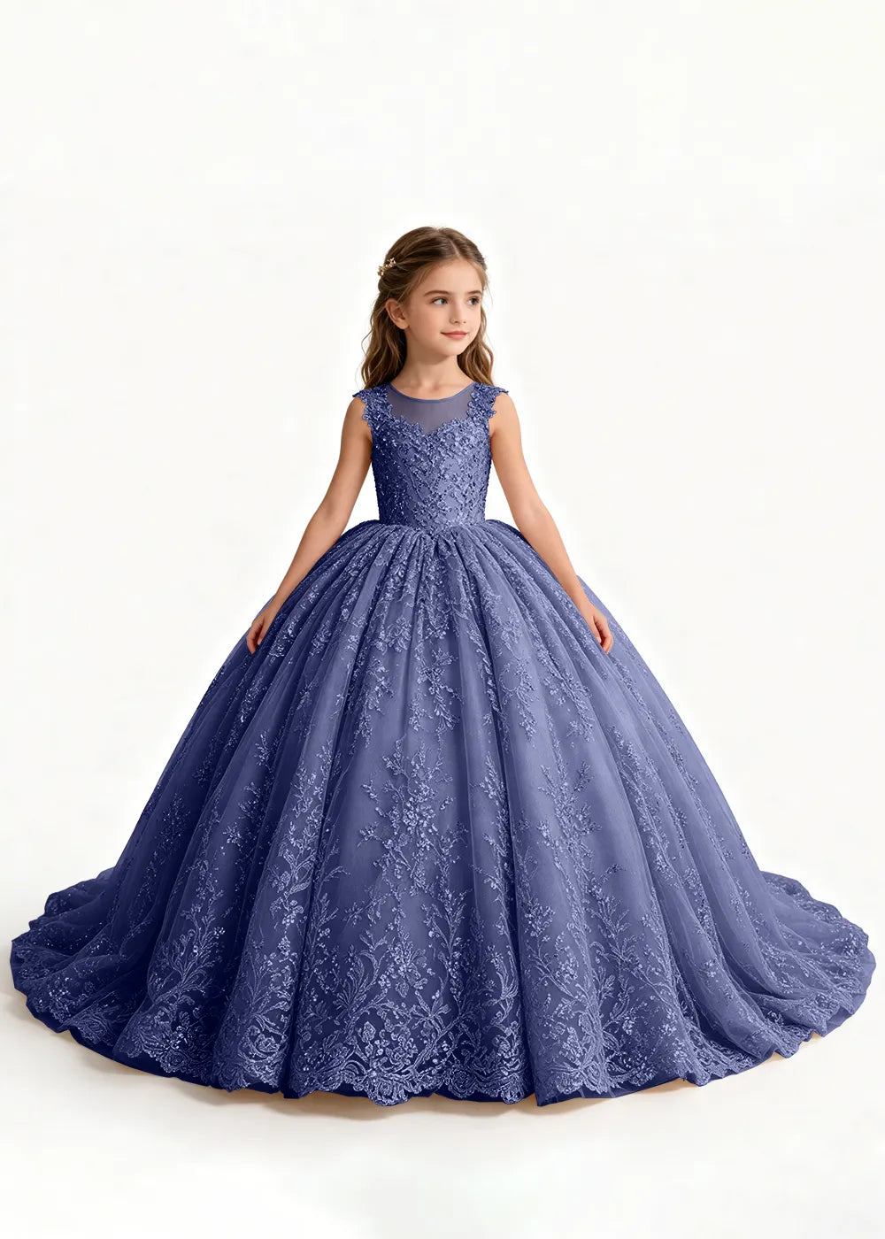 Navy Sleeveless Flower Girl Gown with Scalloped Train