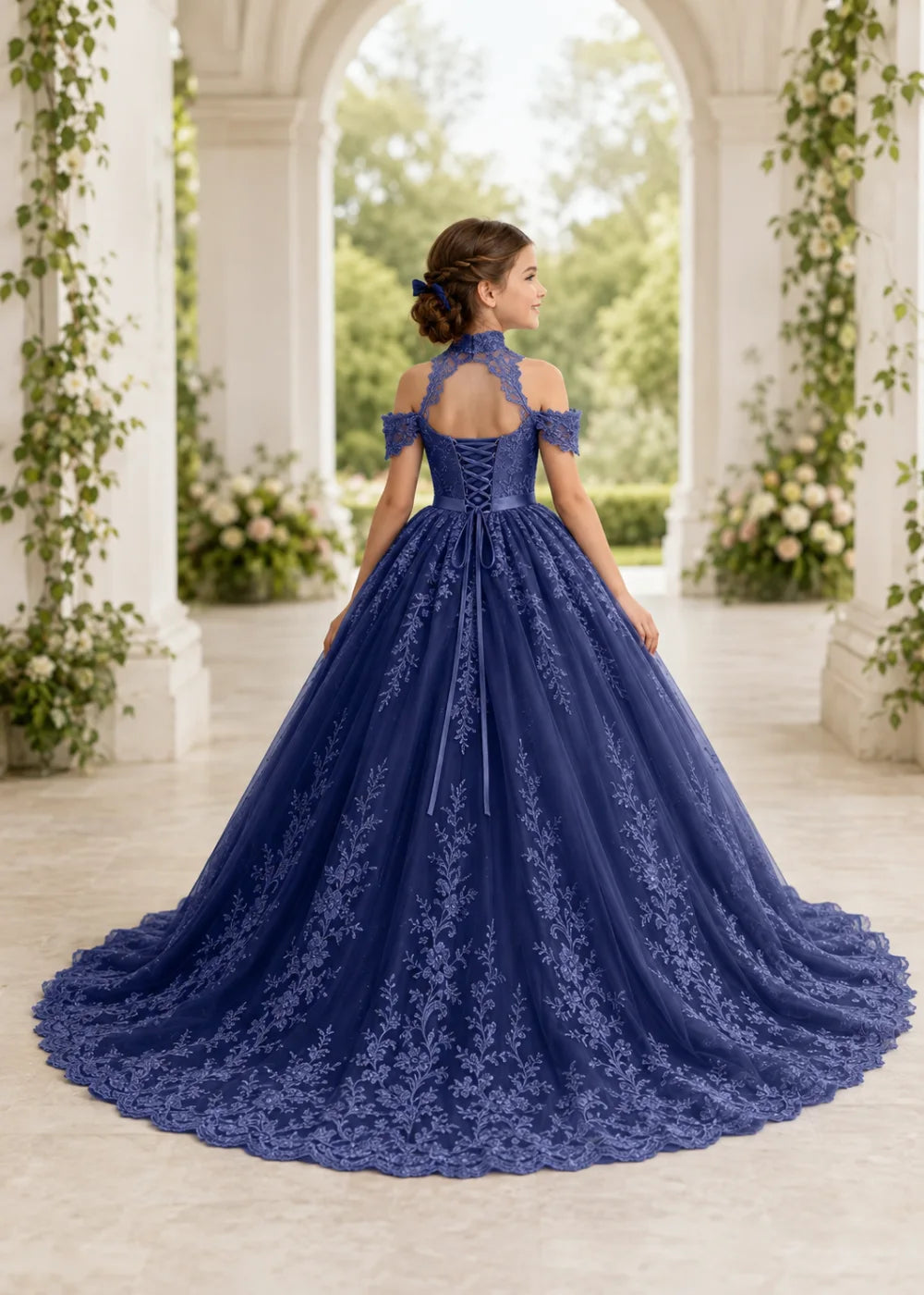 Navy Floral Flower Girl Gown with Open Shoulders
