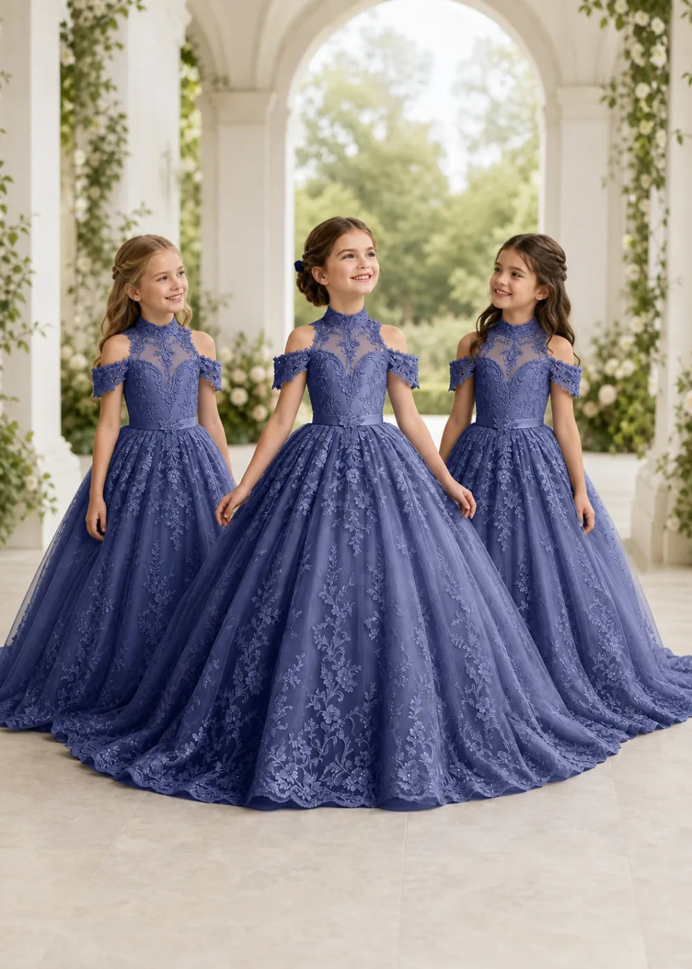 Navy Floral Flower Girl Gown with Open Shoulders