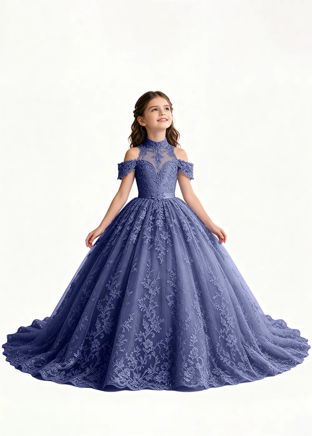 Navy Floral Flower Girl Gown with Open Shoulders