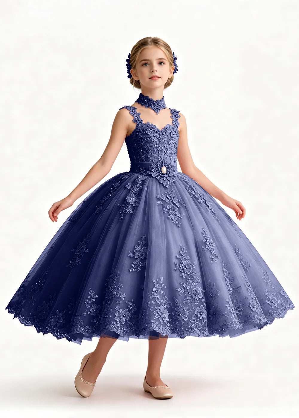 Navy Tea-Length Flower Girl Gown with Floral Neck Band
