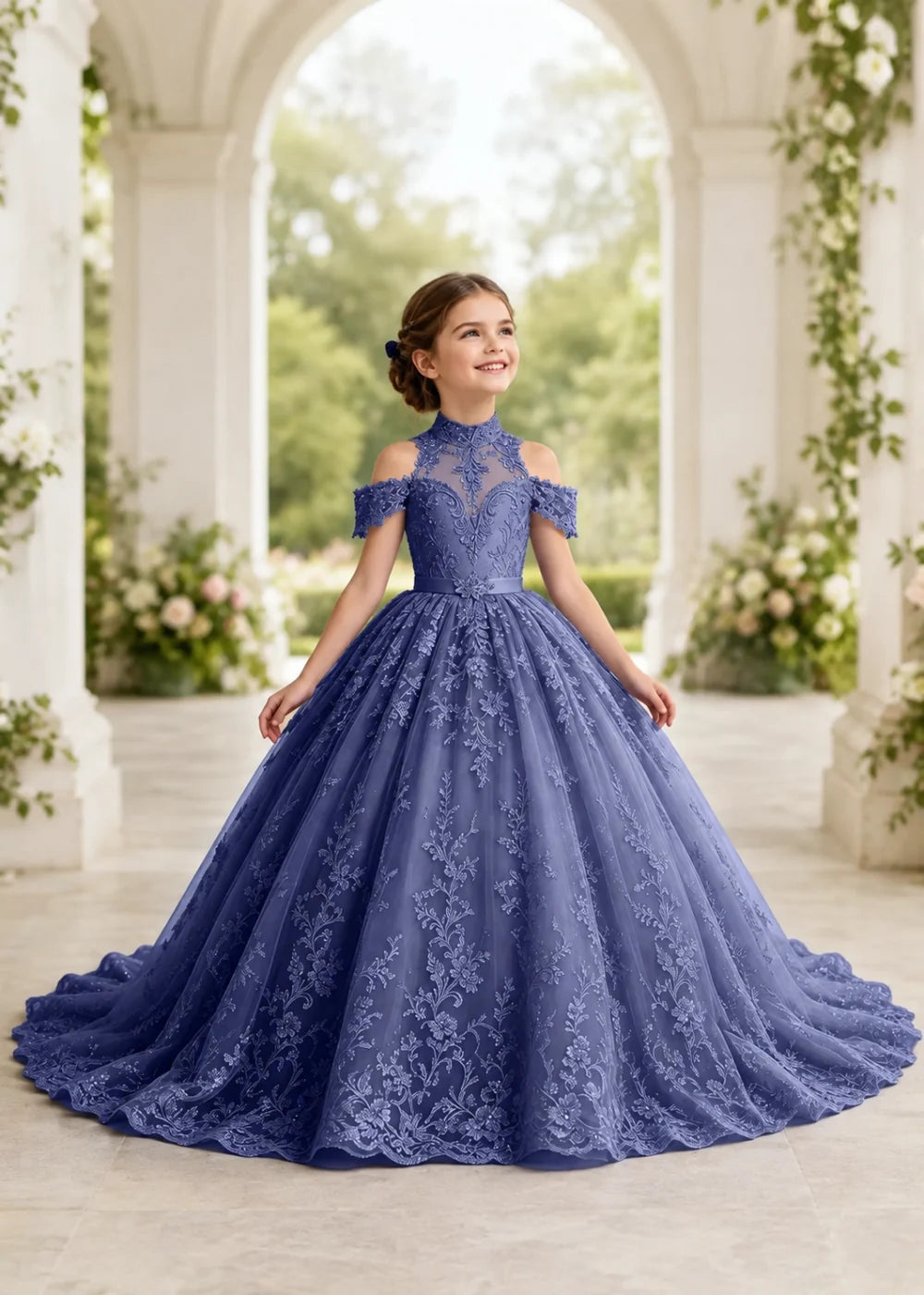 Navy Floral Flower Girl Gown with Open Shoulders