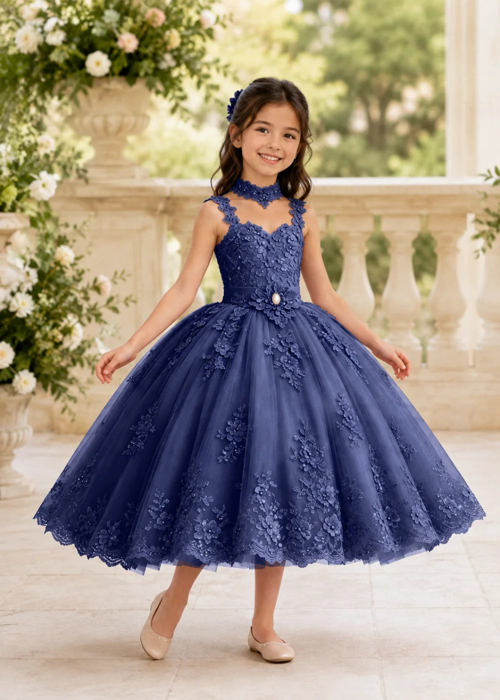 Navy Tea-Length Flower Girl Gown with Floral Neck Band