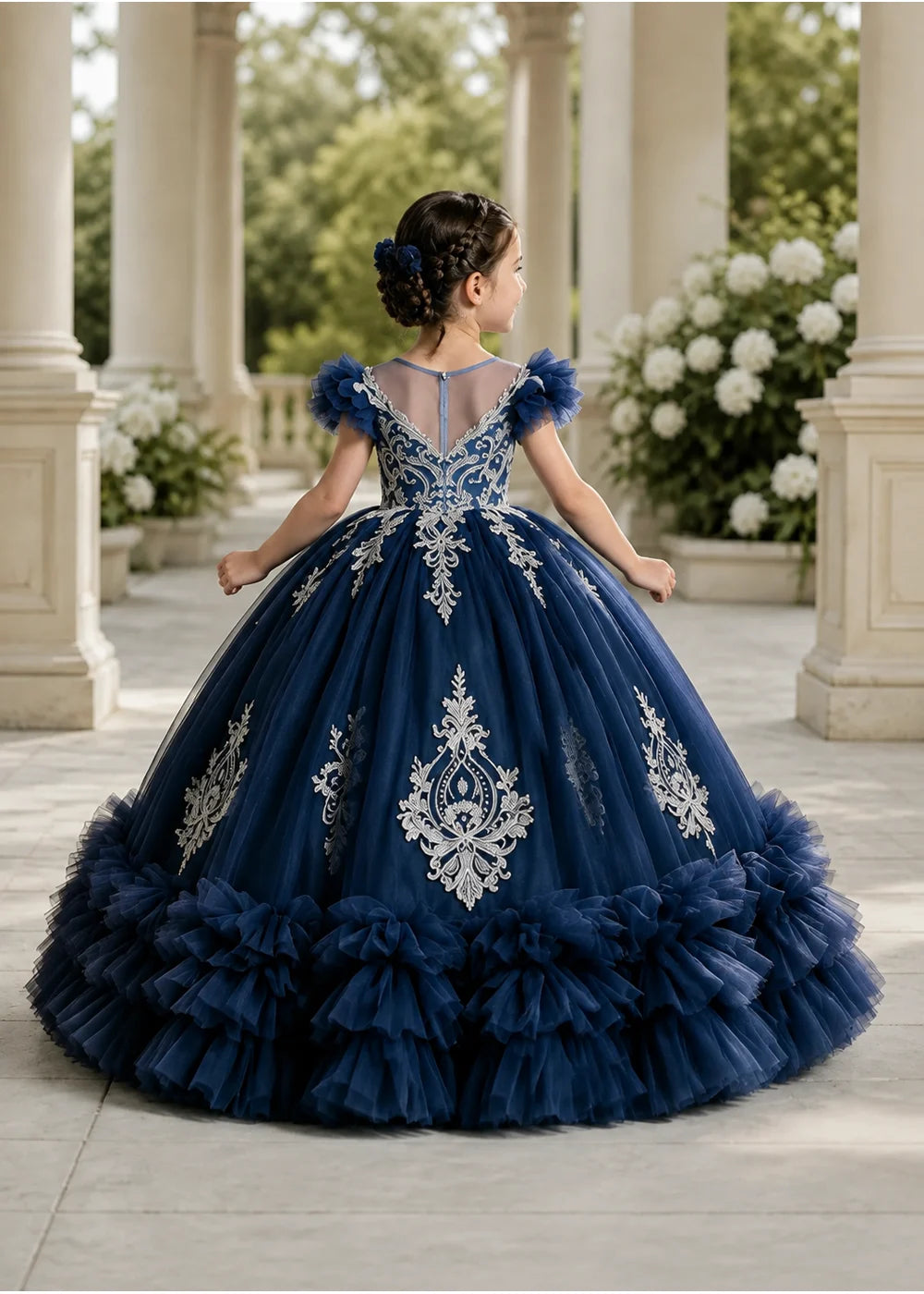 Navy Flower Girl Ball Gown with White Floral Appliqués