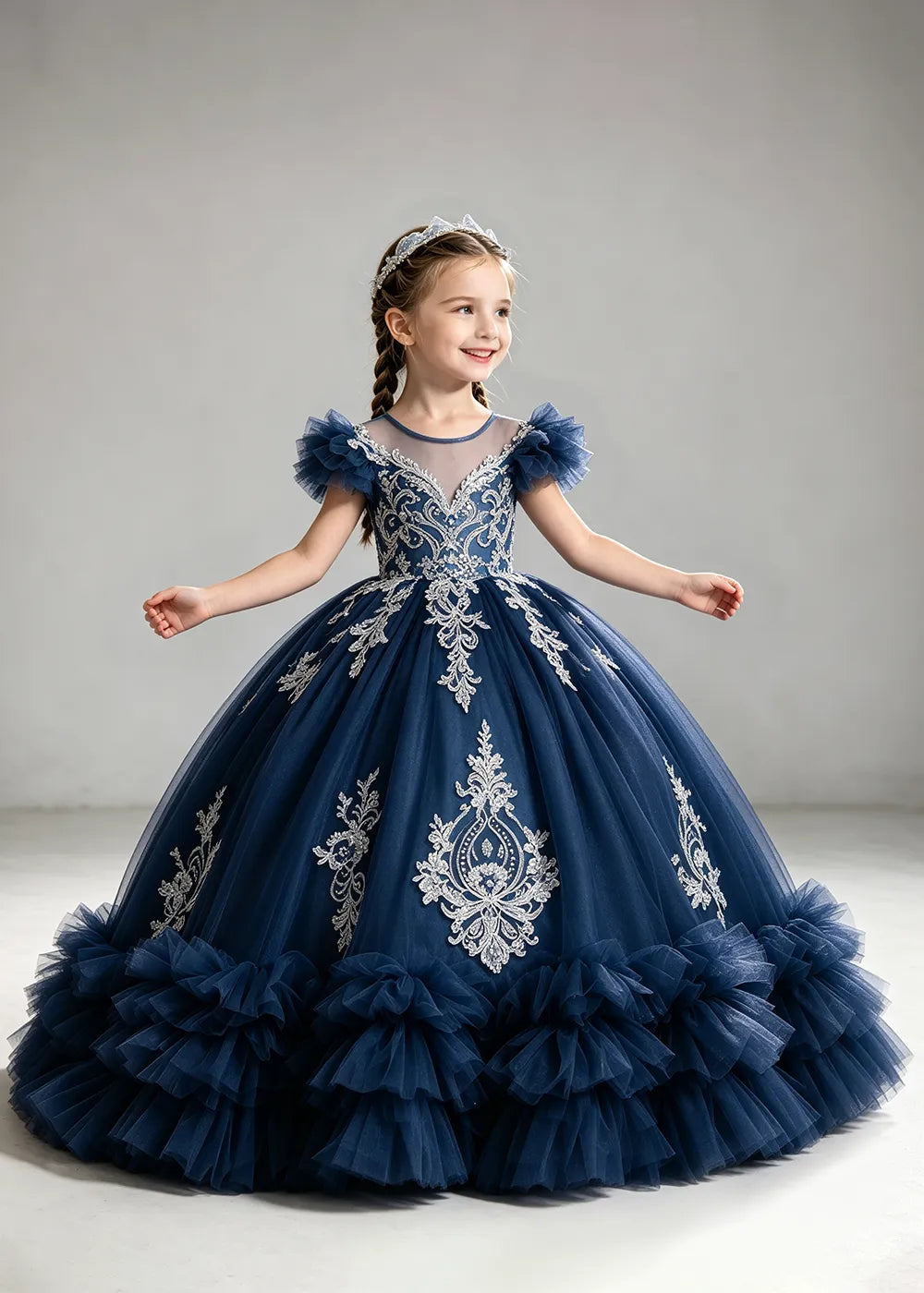 Navy Flower Girl Ball Gown with White Floral Appliqués
