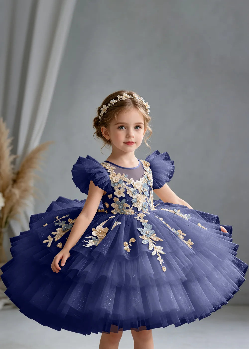 Flower girl dress in Navy Blue, front view.