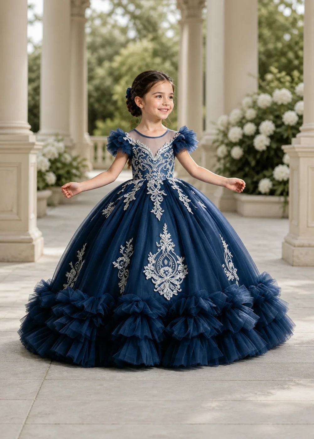 Navy Flower Girl Ball Gown with White Floral Appliqués