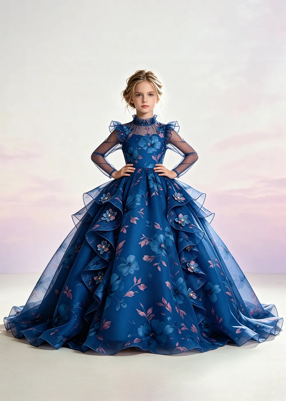 Navy Blue Floral Ruffle-Collar Flower Girl Dress