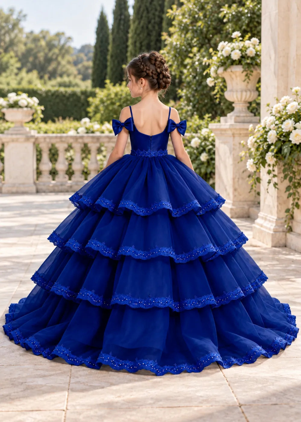 Navy Blue Four-Tier Bow-Shoulder Flower Girl Dress