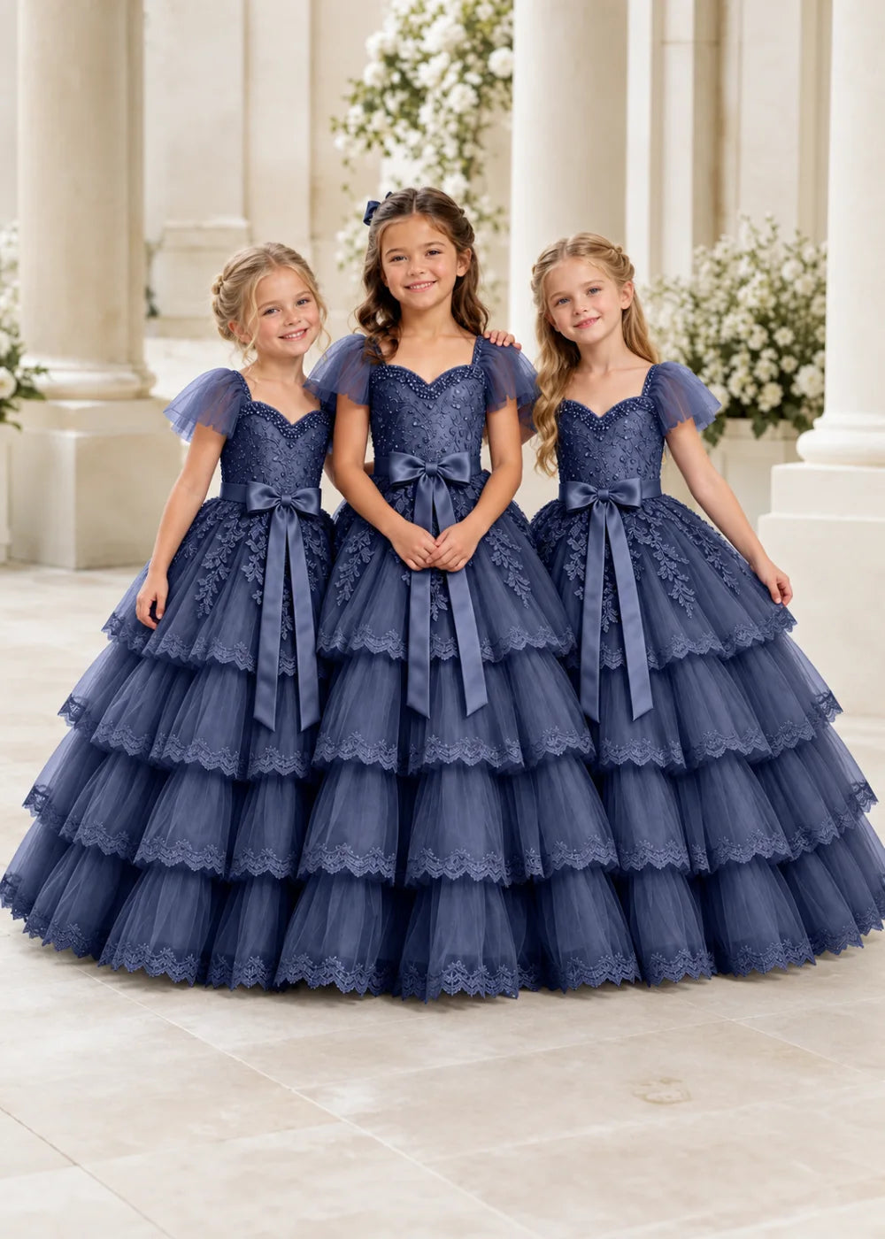 Navy Four-Tier Flower Girl Gown with Front Bow