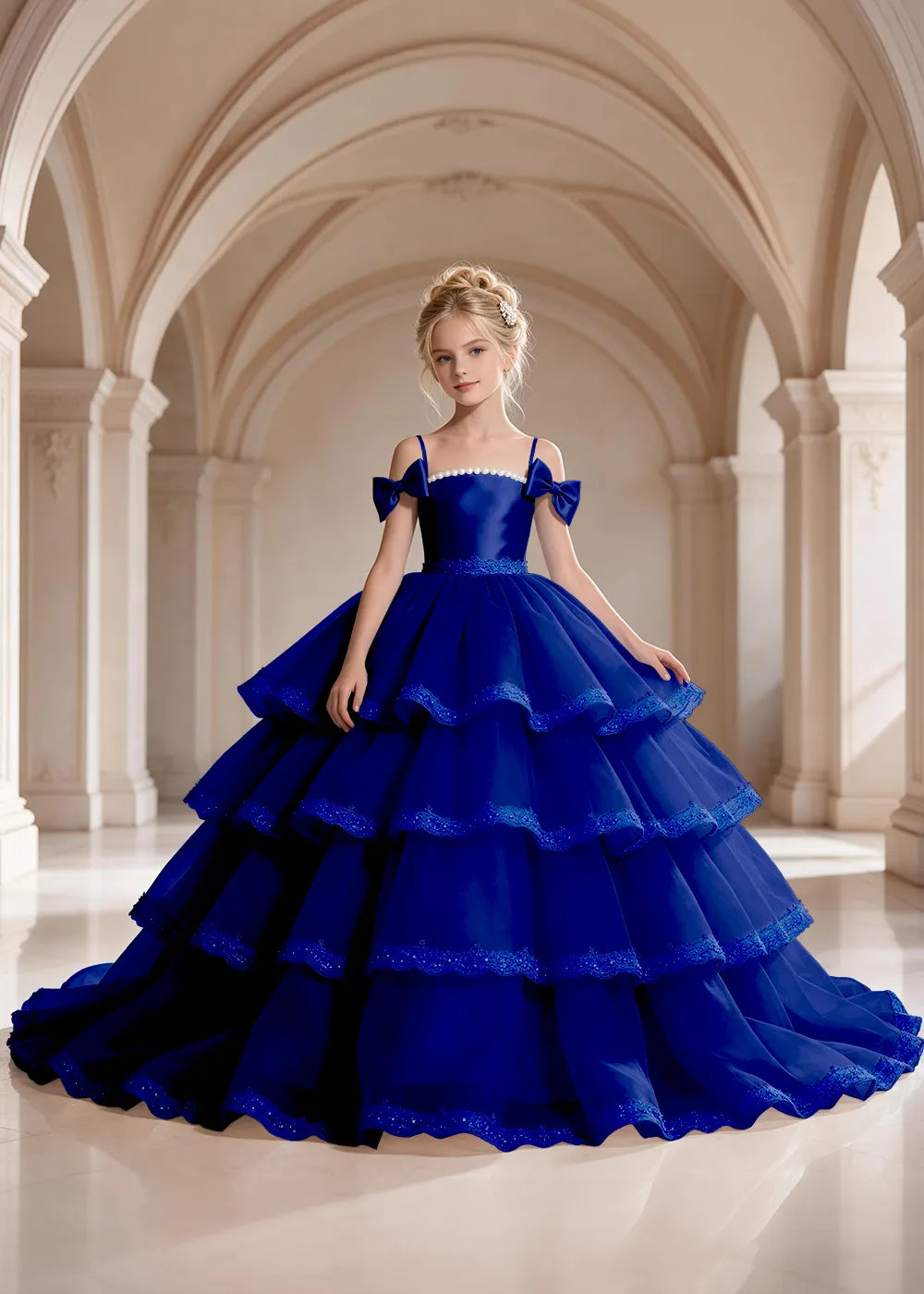 Navy Blue Four-Tier Bow-Shoulder Flower Girl Dress