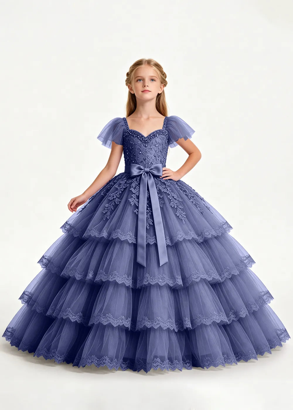 Navy Four-Tier Flower Girl Gown with Front Bow