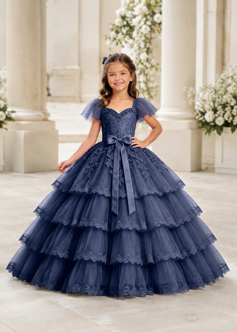 Navy Four-Tier Flower Girl Gown with Front Bow