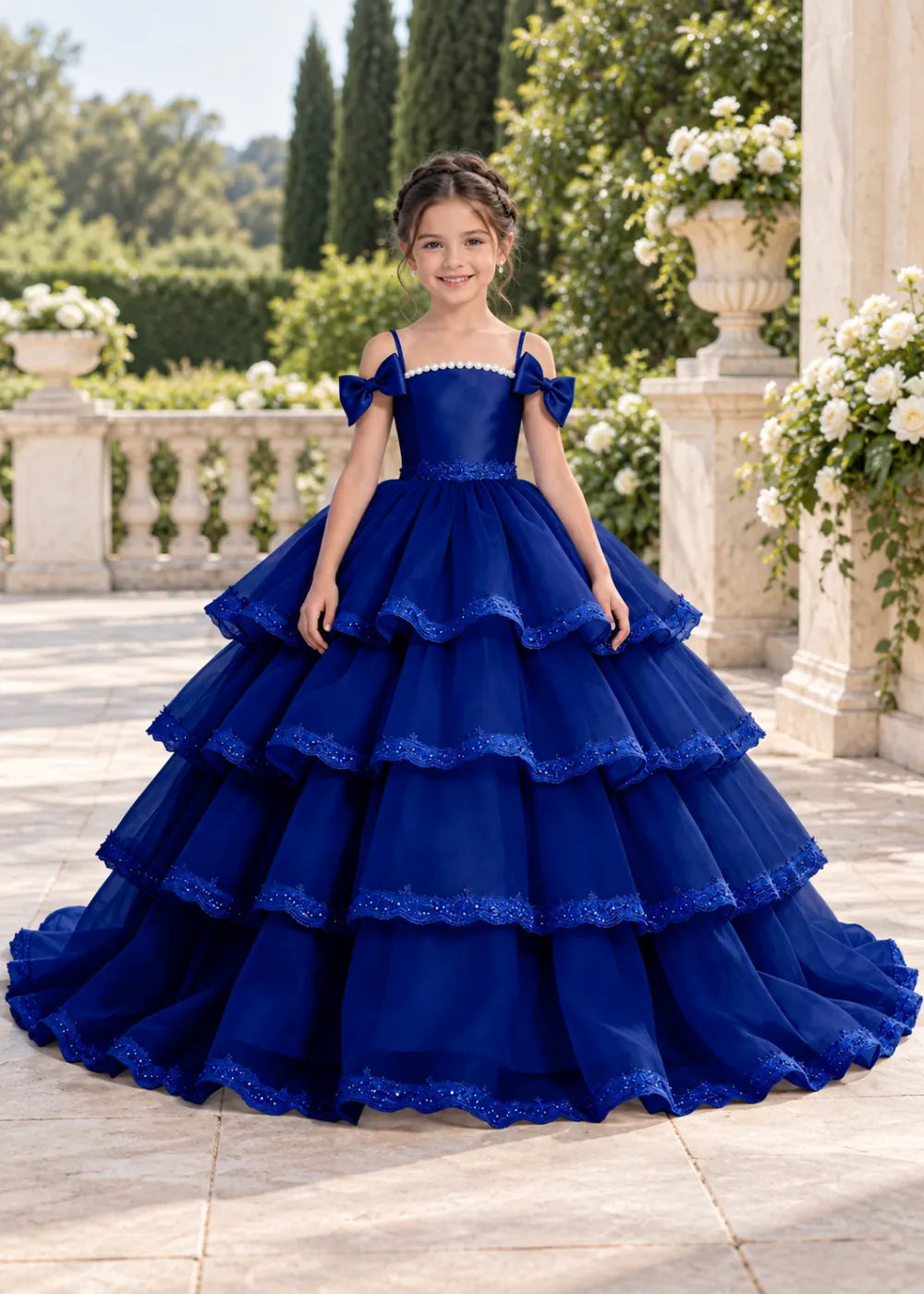 Navy Blue Four-Tier Bow-Shoulder Flower Girl Dress