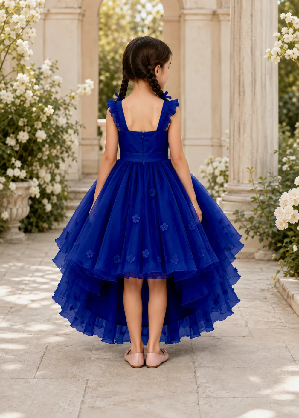 Navy High-Low Flower Girl Gown with Large Front Bow