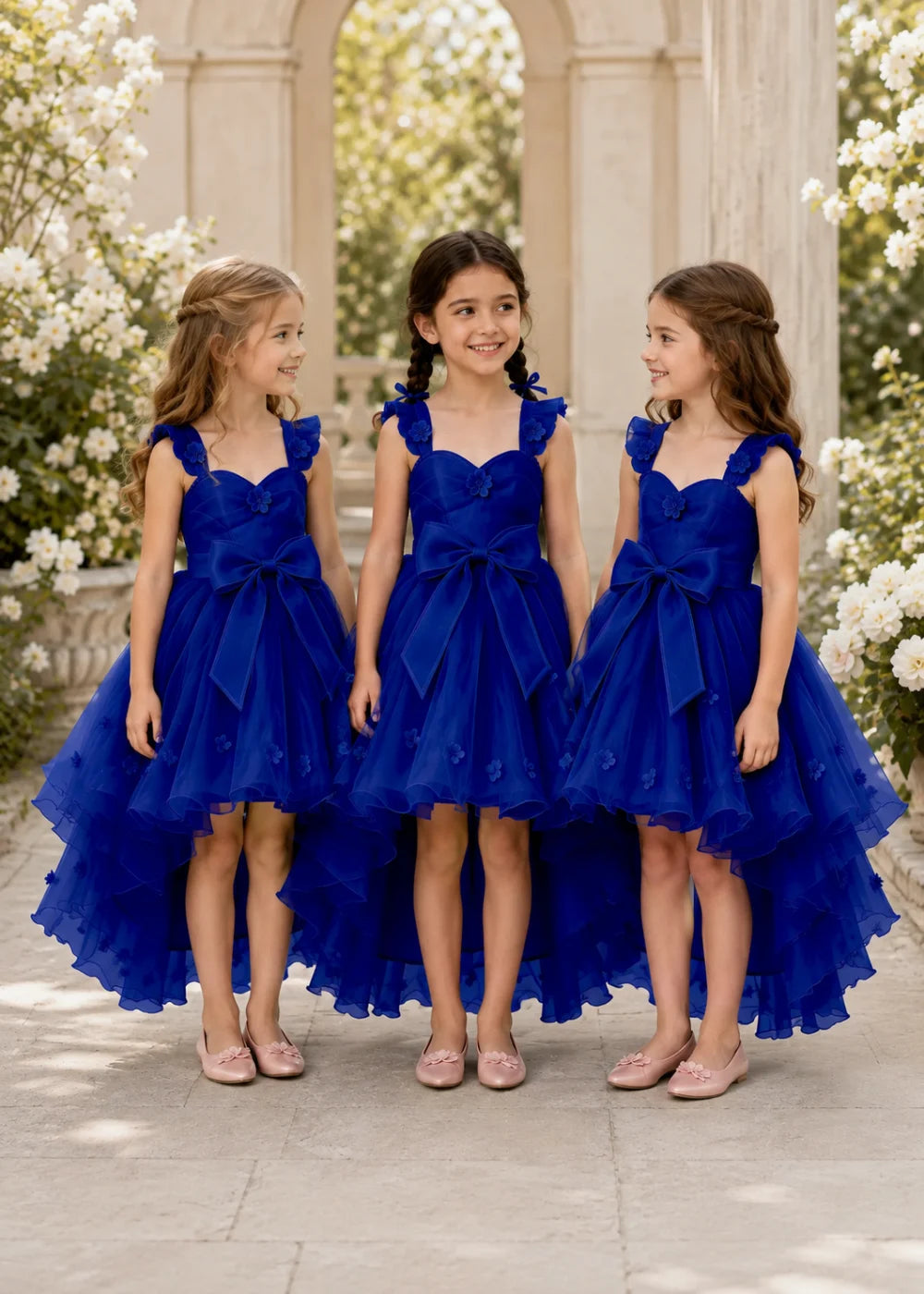 Navy High-Low Flower Girl Gown with Large Front Bow