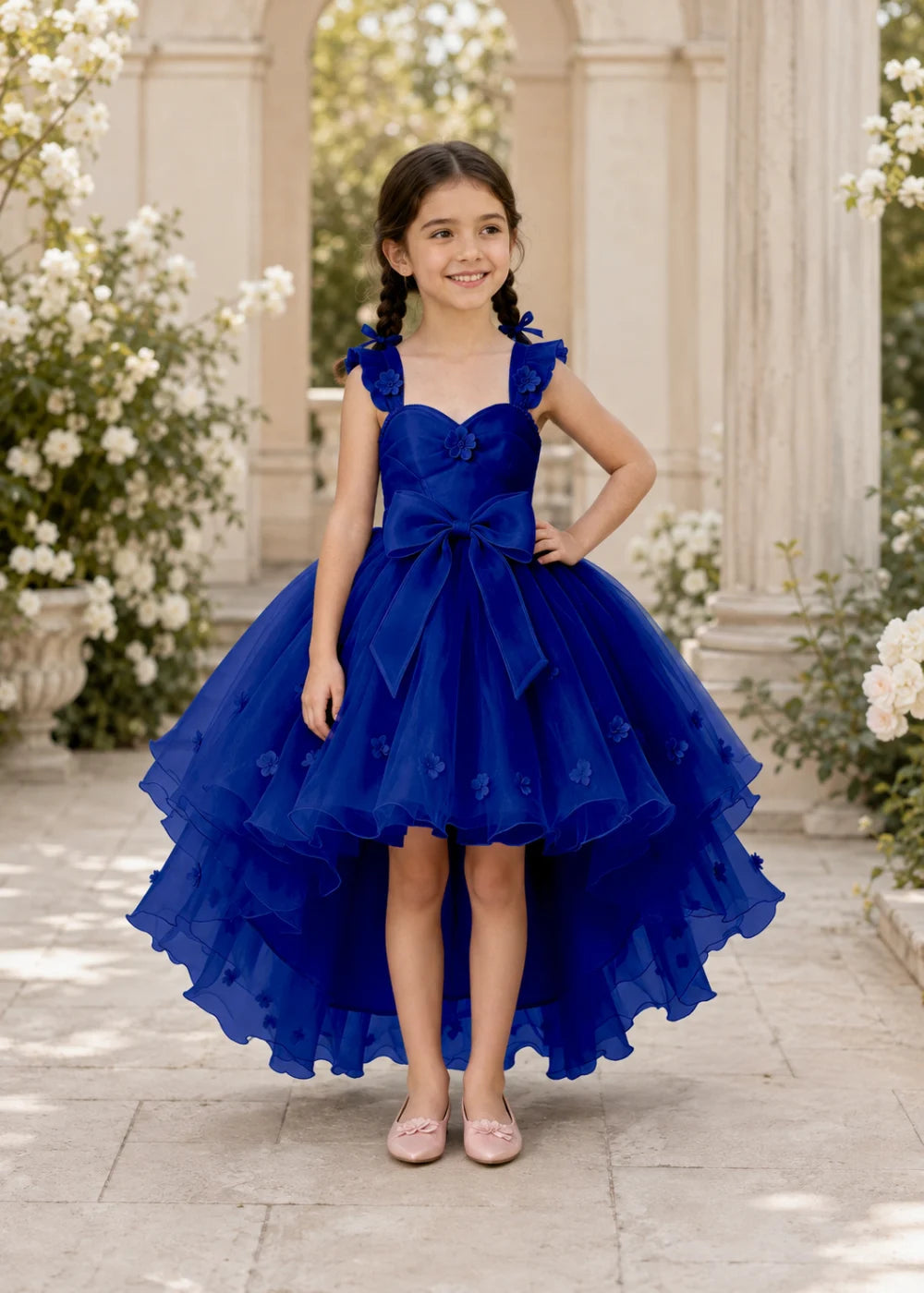 Navy High-Low Flower Girl Gown with Large Front Bow