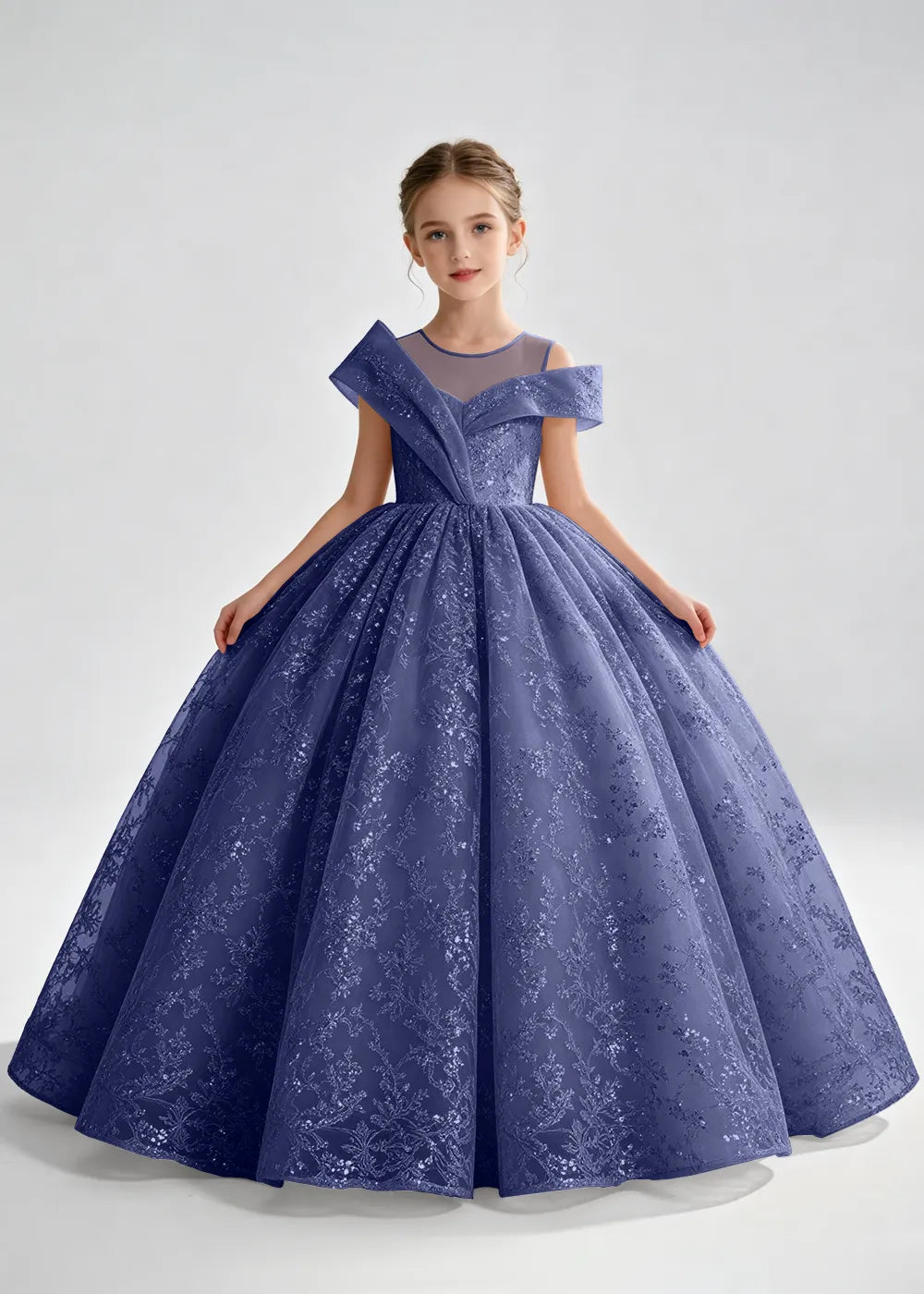 Navy Blue Illusion-Band Floral Flower Girl Dress