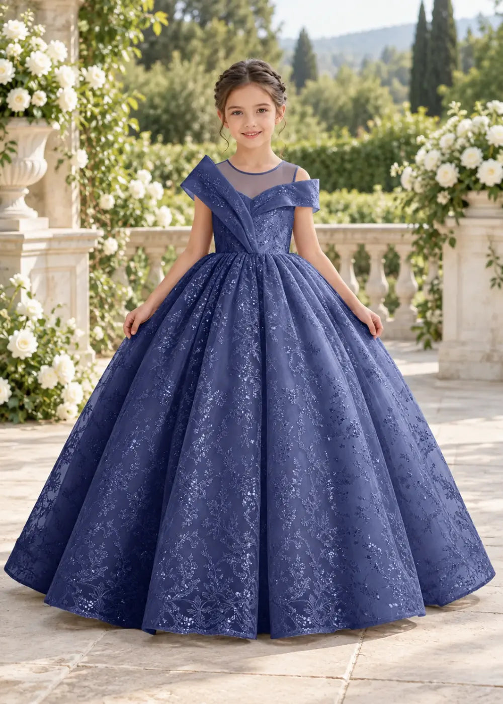 Navy Blue Illusion-Band Floral Flower Girl Dress