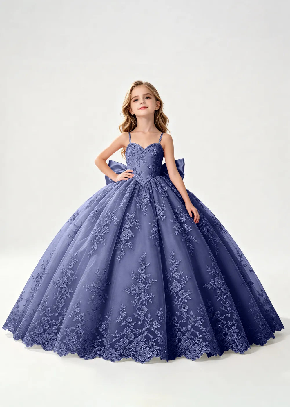 Flower girl dress in Navy Blue, front view.