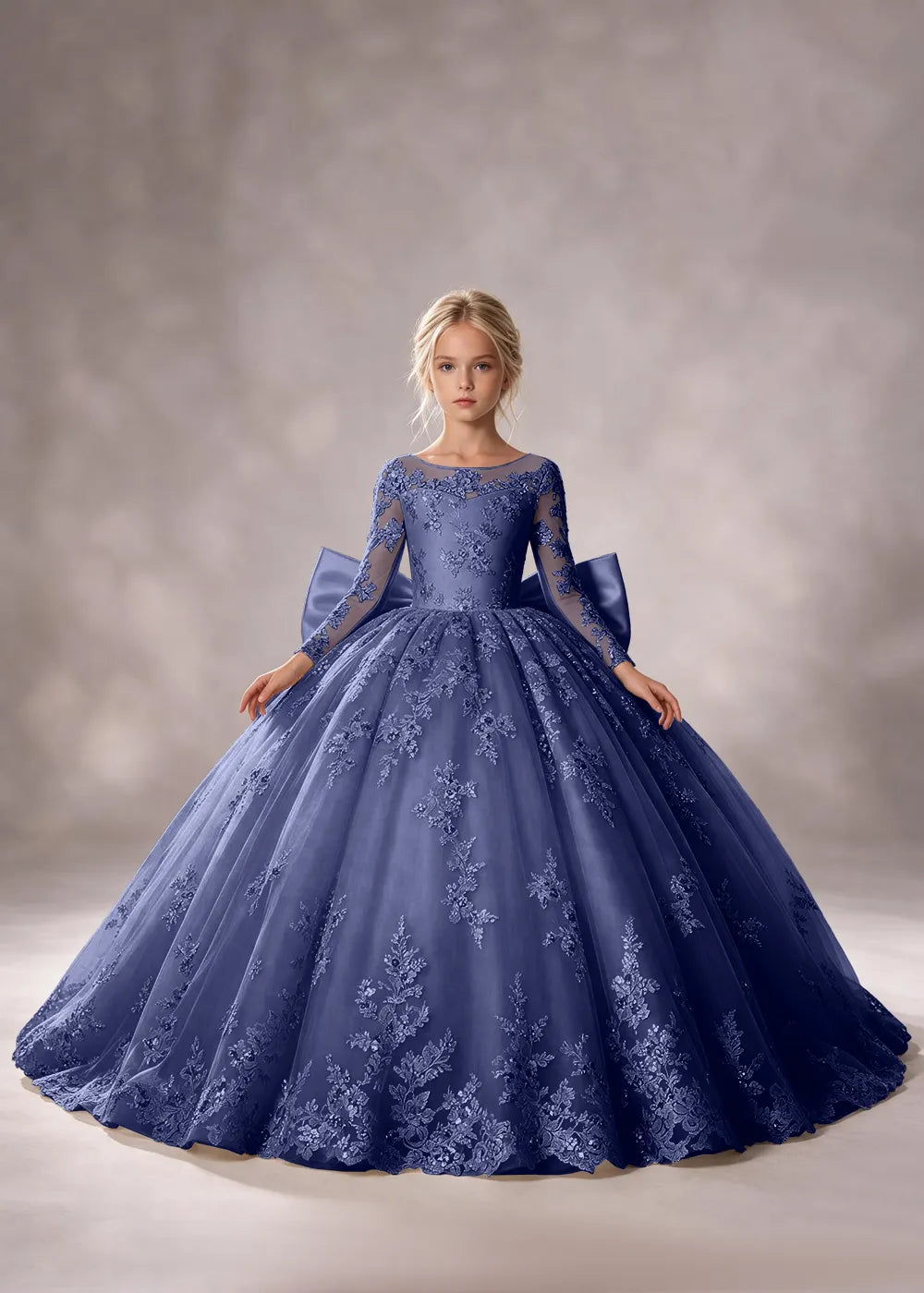 Flower girl dress in Navy Blue, front view.
