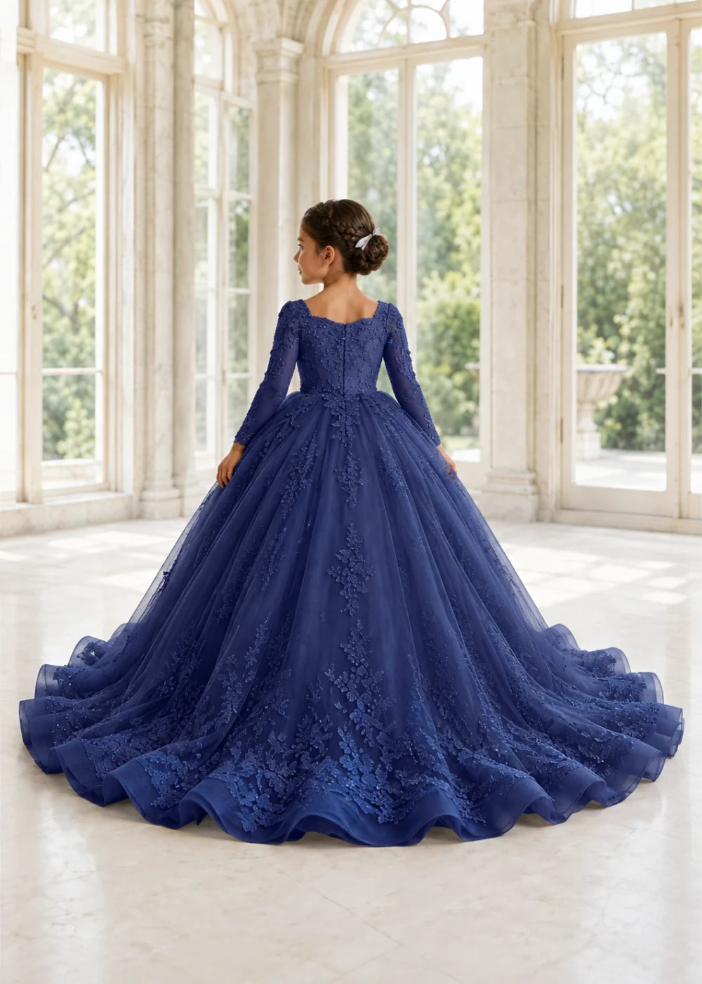 Navy Floral Flower Girl Gown with Long Sleeves