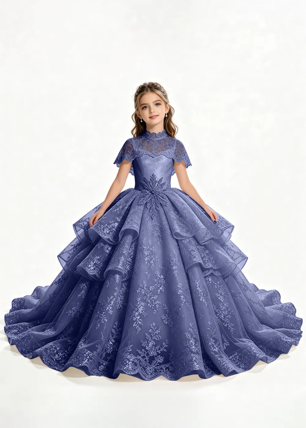 Flower girl dress in Navy Blue, front view.