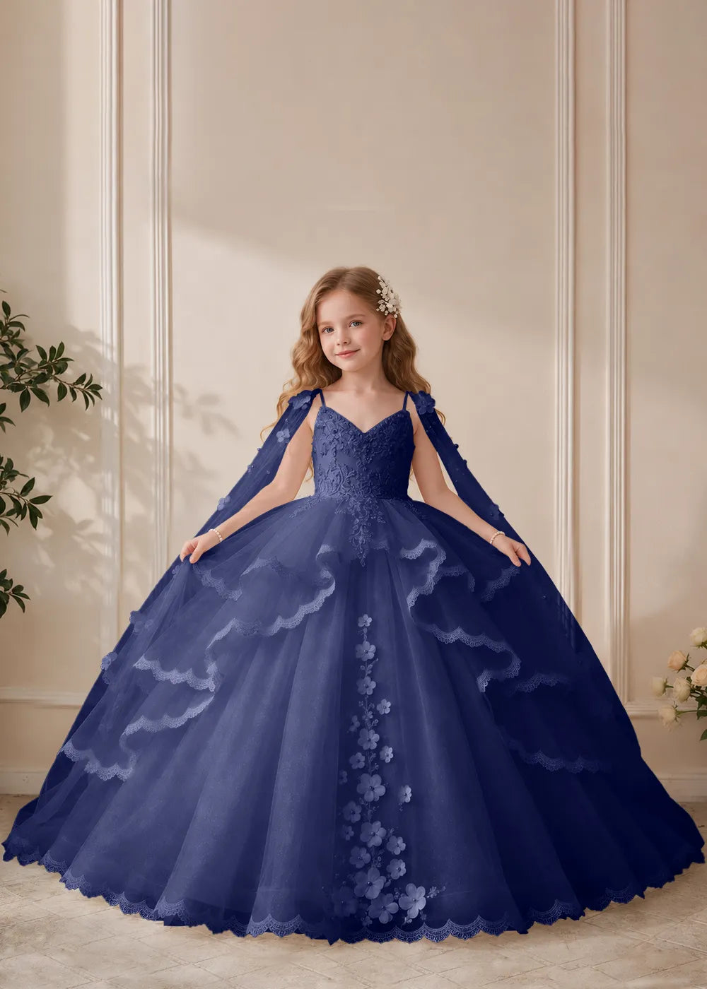 Dusty Rose Flower Girl Dress with Floral Lace and Shoulder Drapes