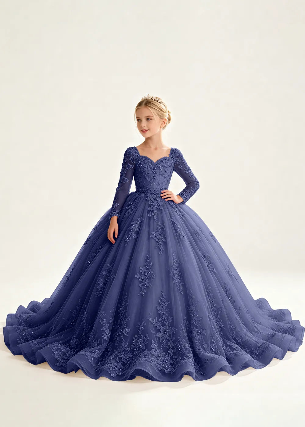 Navy Floral Flower Girl Gown with Long Sleeves