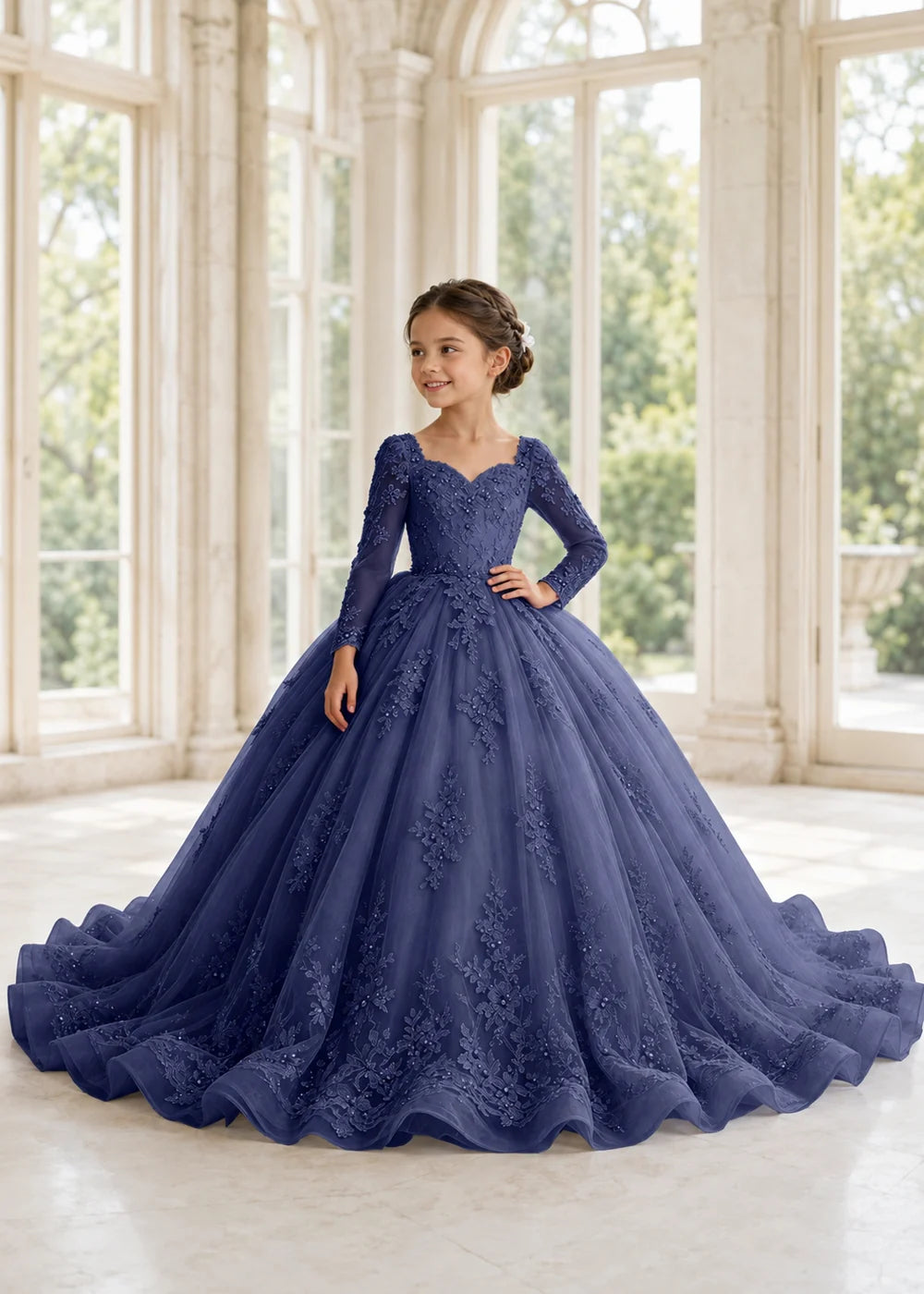 Navy Floral Flower Girl Gown with Long Sleeves
