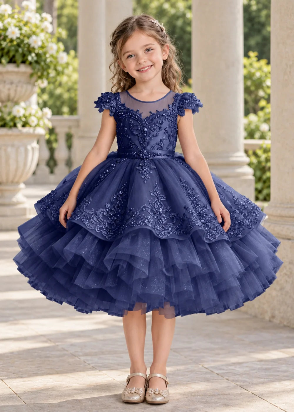 Navy Blue Flower Girl Dress with Beaded Lace and Short Ruffle Skirt