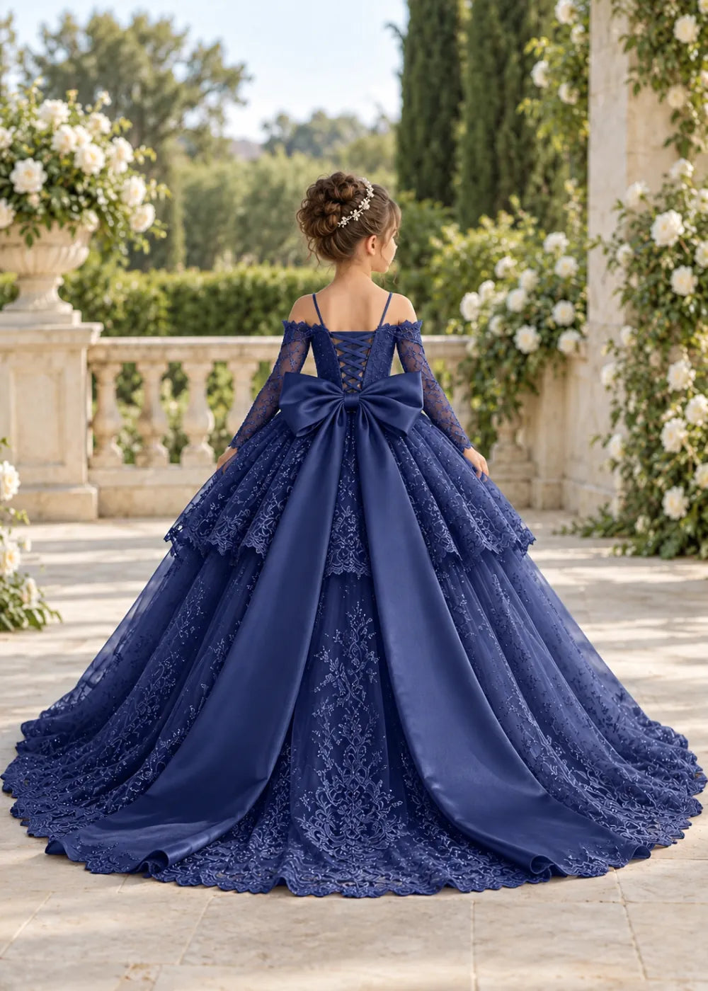 Navy Blue Lace Flower Girl Gown with Peplum and Trailing Satin Bow