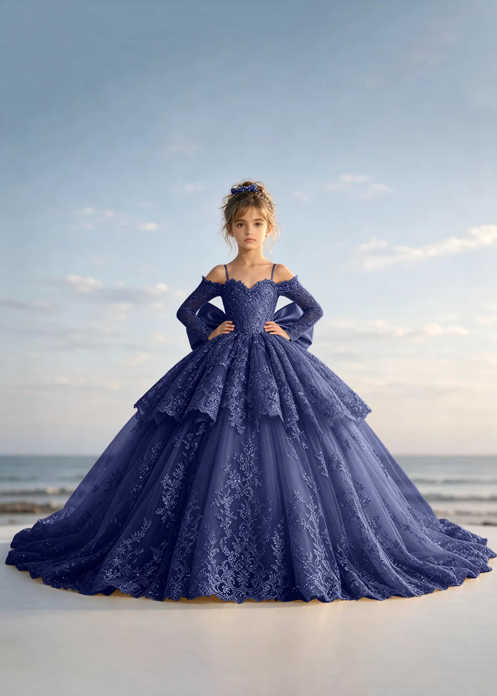 Navy Blue Lace Flower Girl Gown with Peplum and Trailing Satin Bow
