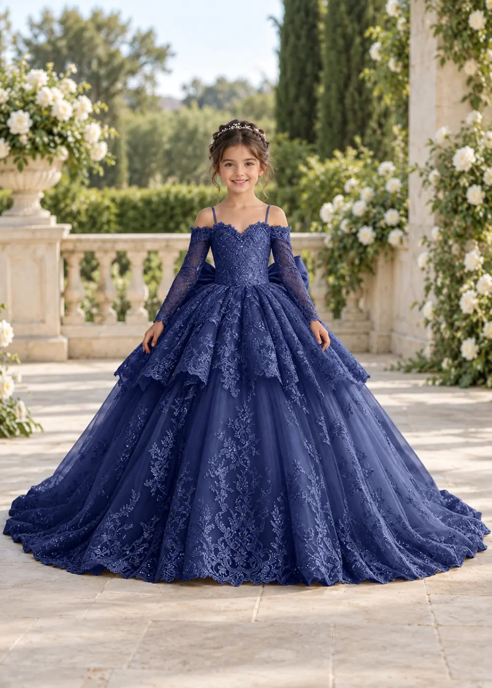 Navy Blue Lace Flower Girl Gown with Peplum and Trailing Satin Bow