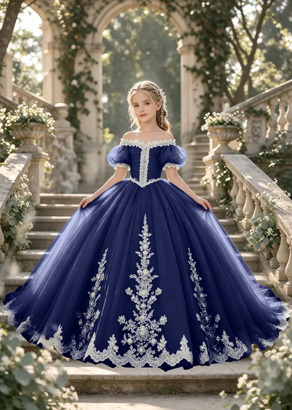 Flower girl dress in Navy Blue, front view.