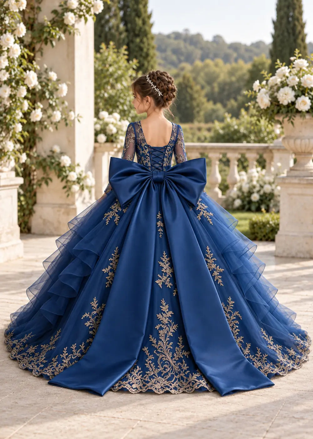 Navy Blue Gold Lace Flower Girl Gown with Ruffles and Long Bow Tails