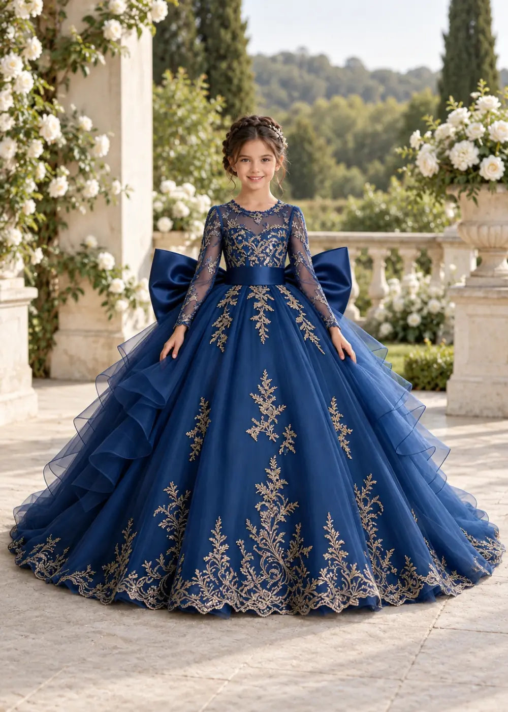 Navy Blue Gold Lace Flower Girl Gown with Ruffles and Long Bow Tails