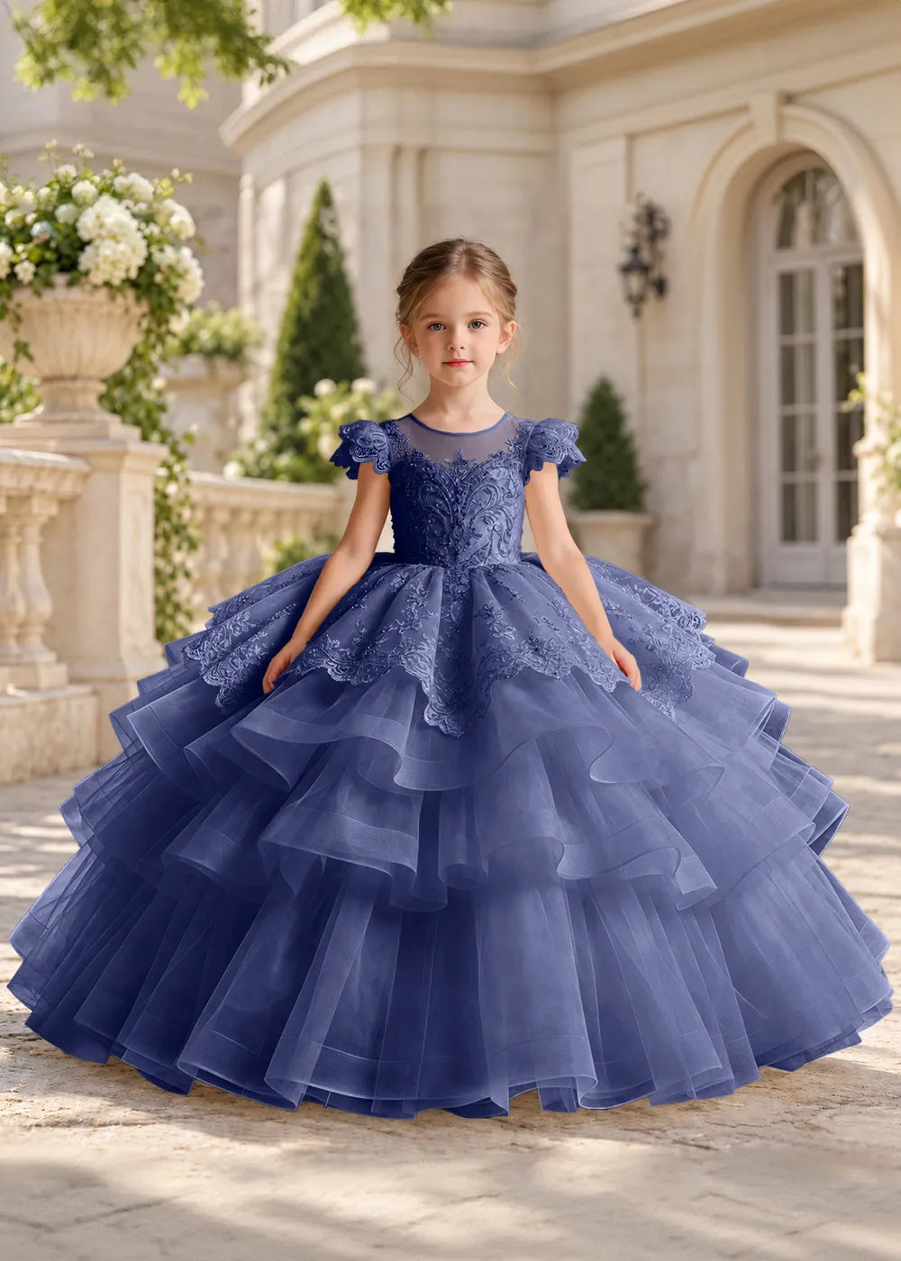 Dusty Blue Lace-Cap Flower Girl Dress with Cascading Skirt