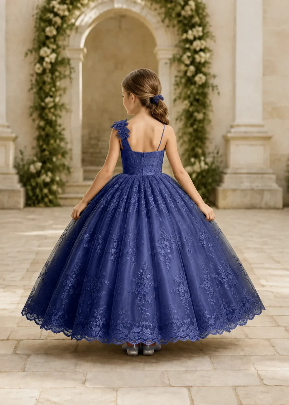 Navy One-Shoulder Flower Girl Gown with Scalloped Lace