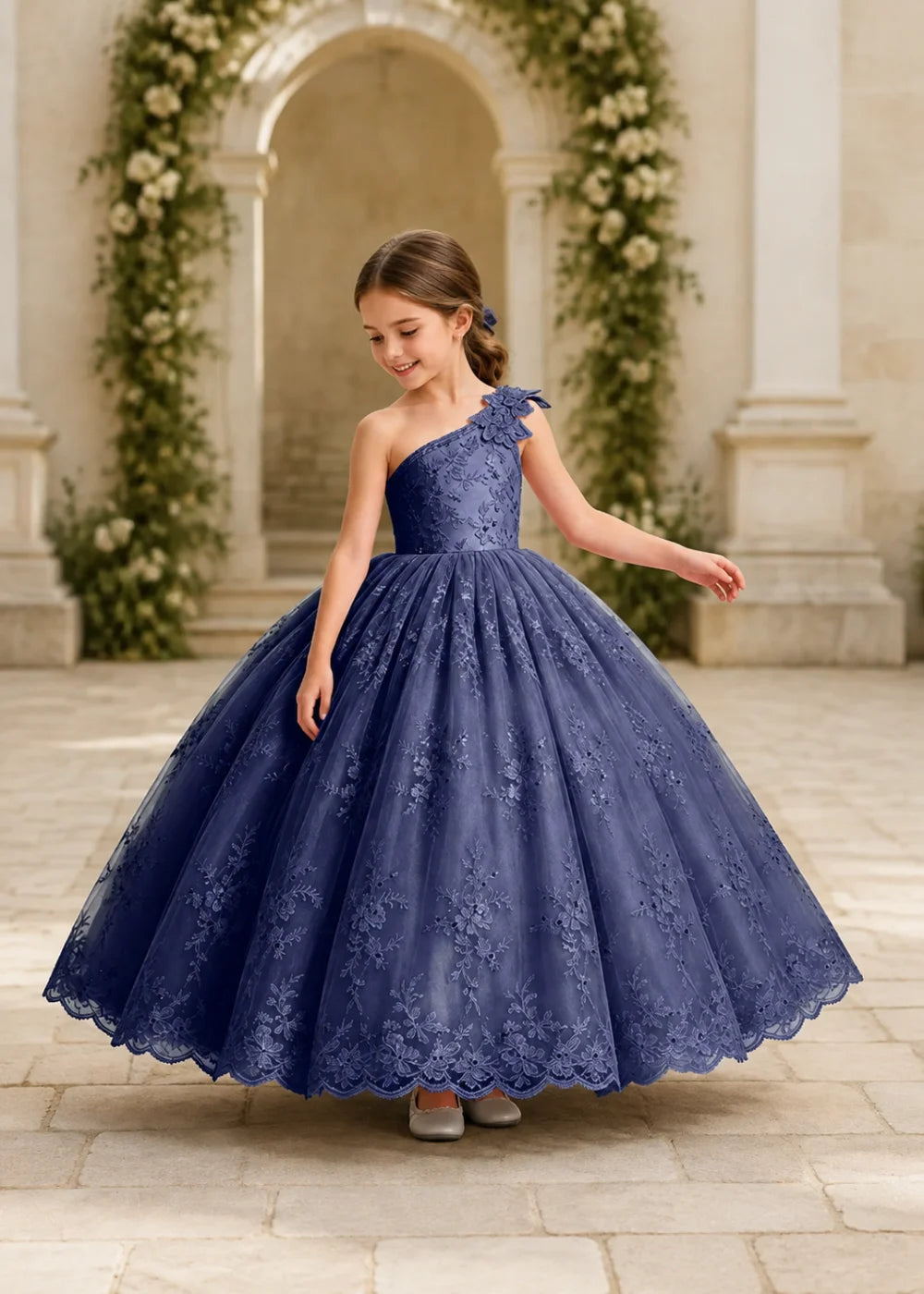 Navy One-Shoulder Flower Girl Gown with Scalloped Lace