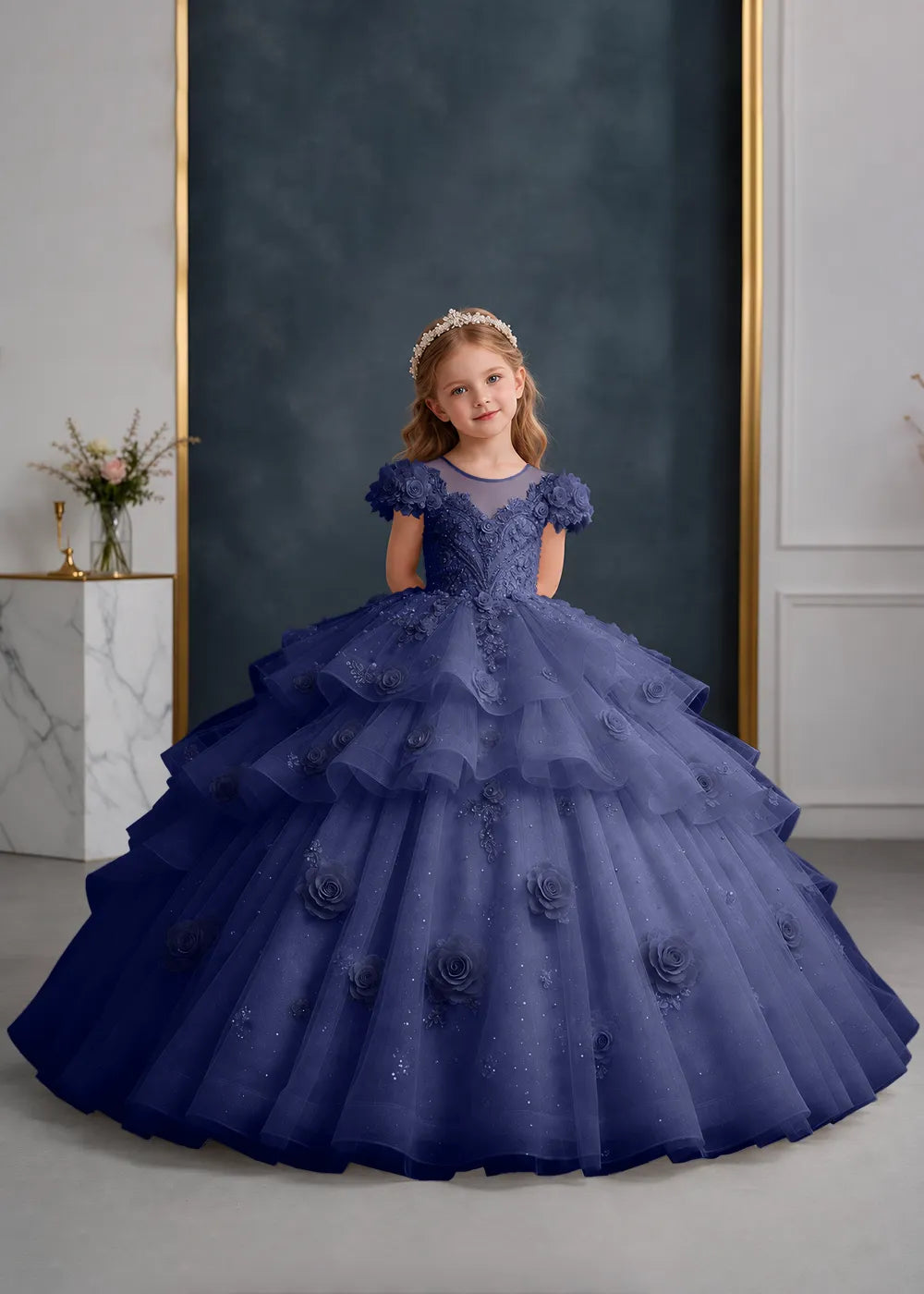 Navy Blue Flower Girl Gown with Floral Cap Sleeves and Rose Ruffles